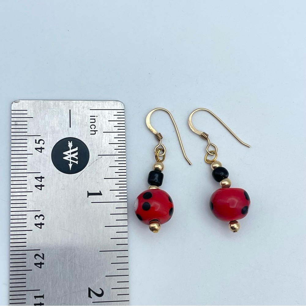 Handmade Ladybug Dangle Earrings – Red & Black Glass Beads, Gold Hooks - Picture 5 of 5